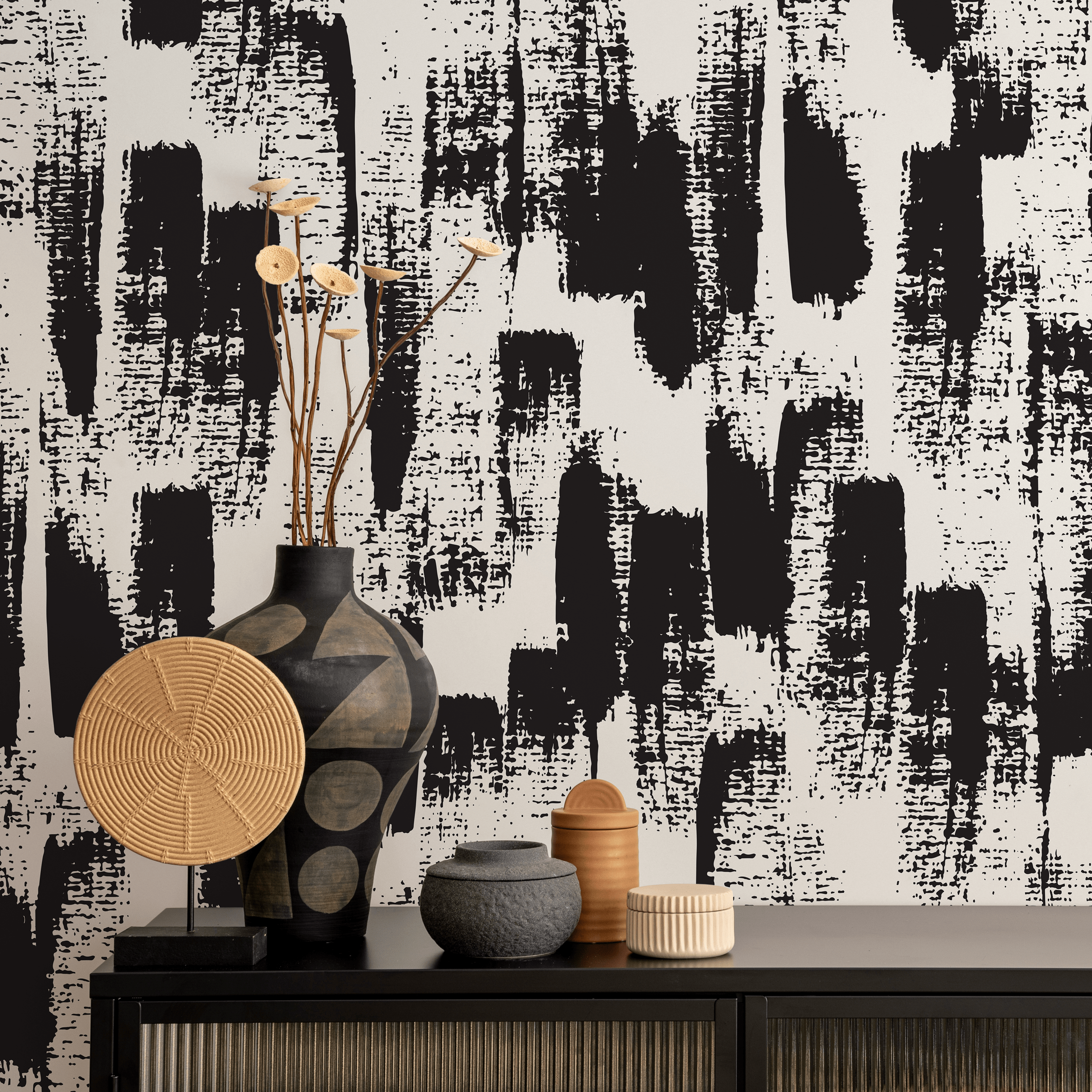 Abstract Wallpaper with Bold Brush Strokes in Black and Cream - B086 - Decor Addict, LLC