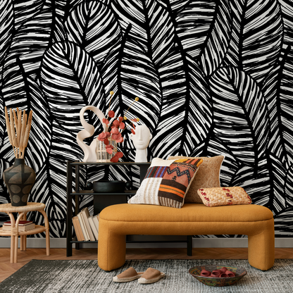 Botanical Wallpaper Featuring a Bold Palm Leaf Motif in Black and White - B624 - Decor Addict, LLC