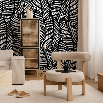 Botanical Wallpaper Featuring a Bold Palm Leaf Motif in Black and White - B624 - Decor Addict, LLC