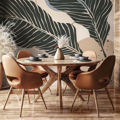 Botanical Wallpaper with Large Stylized Leaves in Charcoal, Beige, and Grey - B958 - Decor Addict, LLC