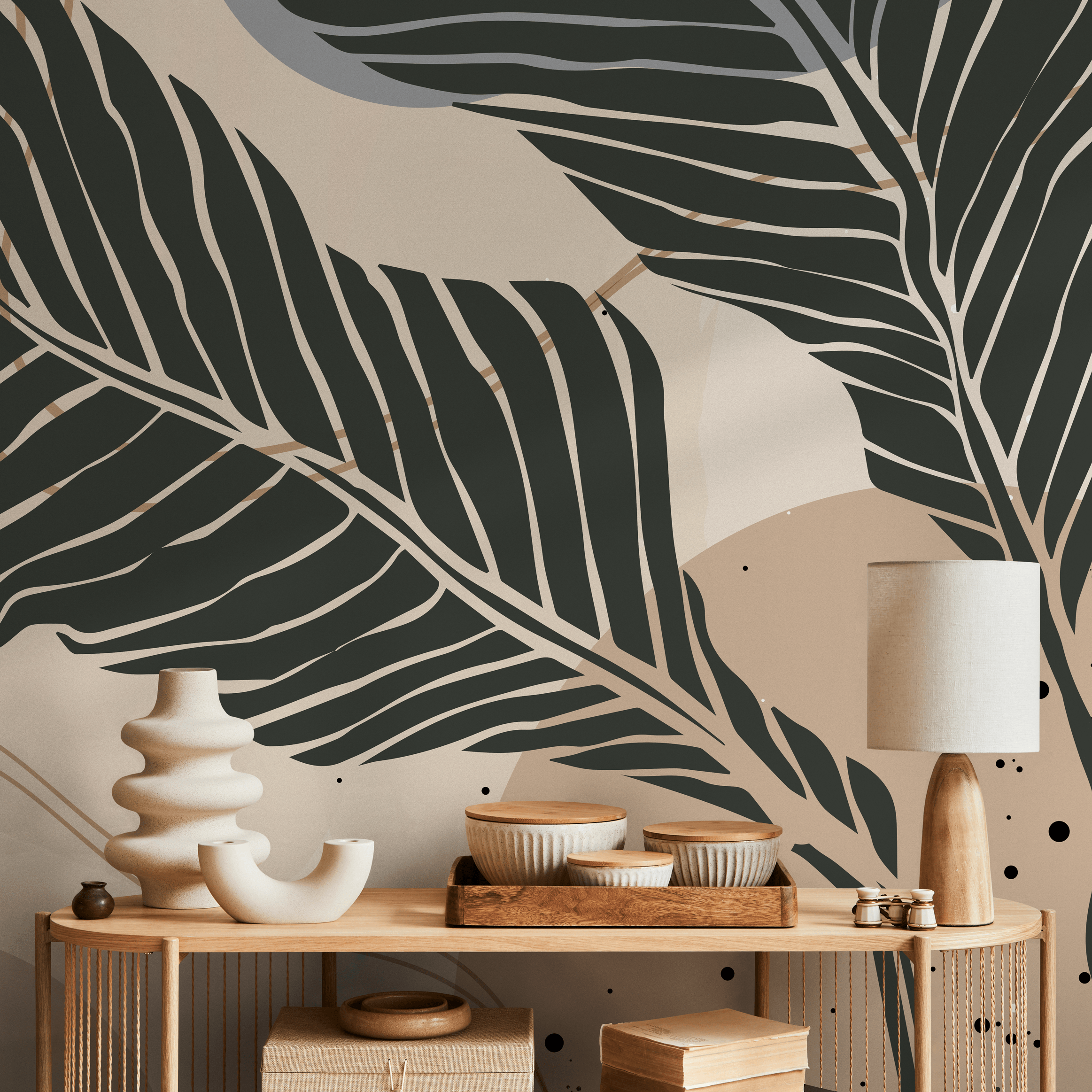Botanical Wallpaper with Large Stylized Leaves in Charcoal, Beige, and Grey - B958 - Decor Addict, LLC