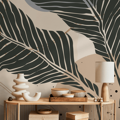 Botanical Wallpaper with Large Stylized Leaves in Charcoal, Beige, and Grey - B958 - Decor Addict, LLC