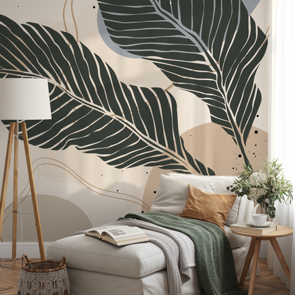 Botanical Wallpaper with Large Stylized Leaves in Charcoal, Beige, and Grey - B958 - Decor Addict, LLC