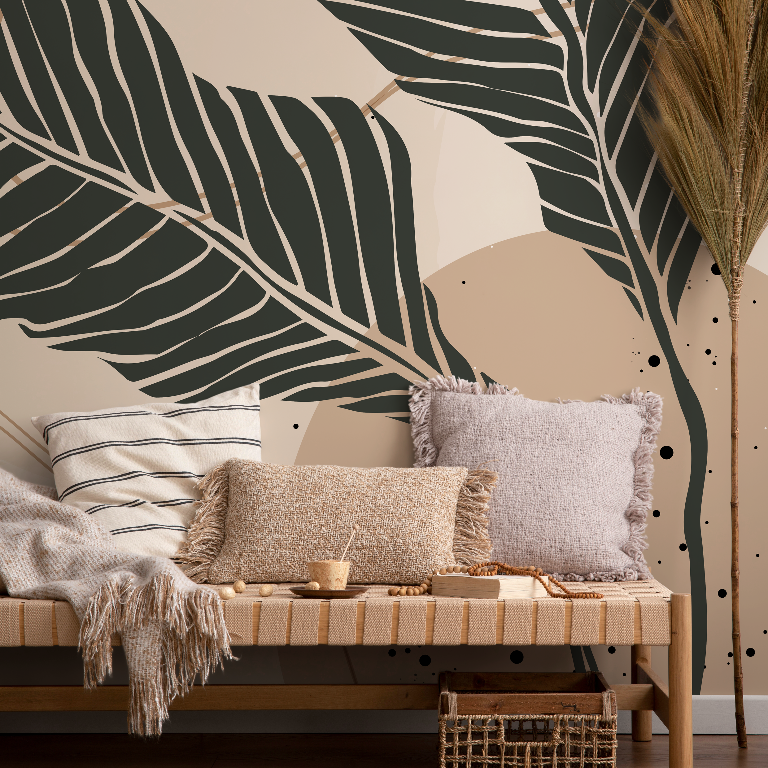 Botanical Wallpaper with Large Stylized Leaves in Charcoal, Beige, and Grey - B958 - Decor Addict, LLC