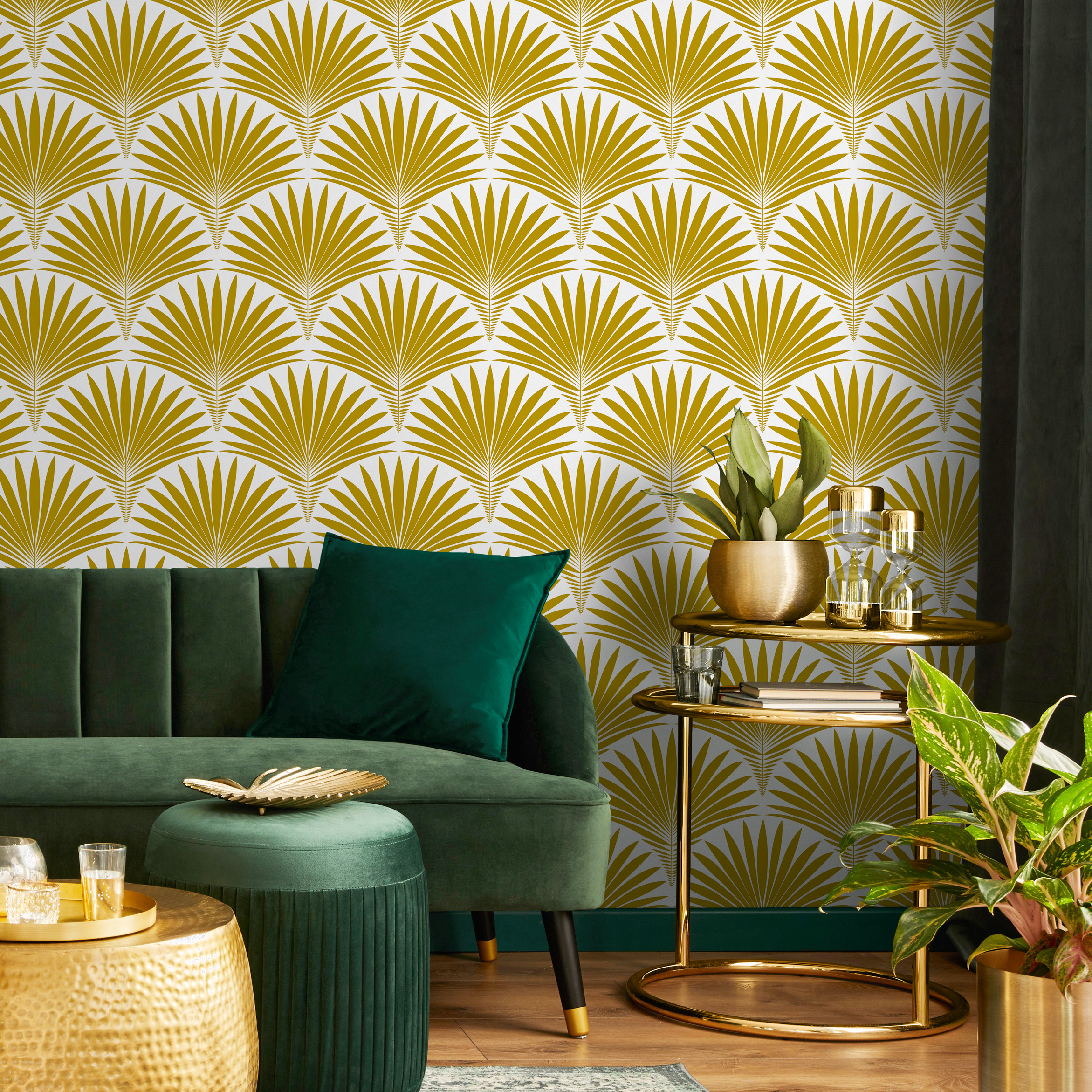 Art Deco Wallpaper with a Stylized Palm Frond Motif in Mustard Yellow - B987 - Decor Addict, LLC