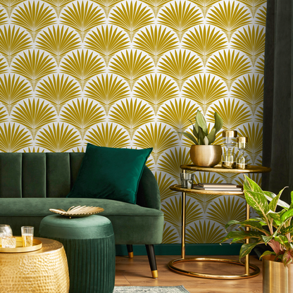 Art Deco Wallpaper with a Stylized Palm Frond Motif in Mustard Yellow - B987 - Decor Addict, LLC