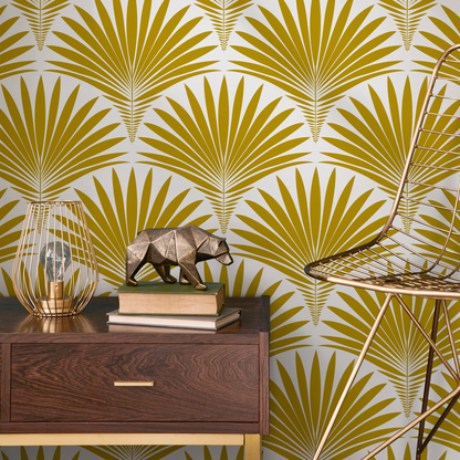 Art Deco Wallpaper with a Stylized Palm Frond Motif in Mustard Yellow - B987 - Decor Addict, LLC