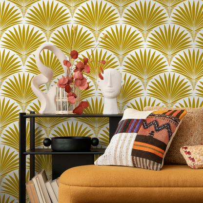 Art Deco Wallpaper with a Stylized Palm Frond Motif in Mustard Yellow - B987 - Decor Addict, LLC