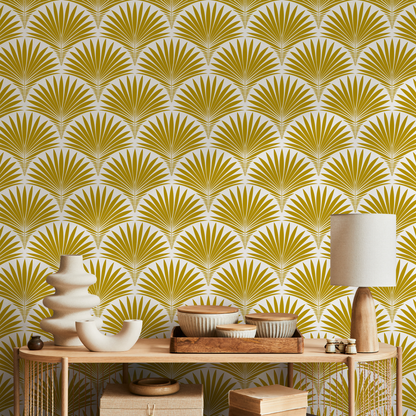 Art Deco Wallpaper with a Stylized Palm Frond Motif in Mustard Yellow - B987 - Decor Addict, LLC