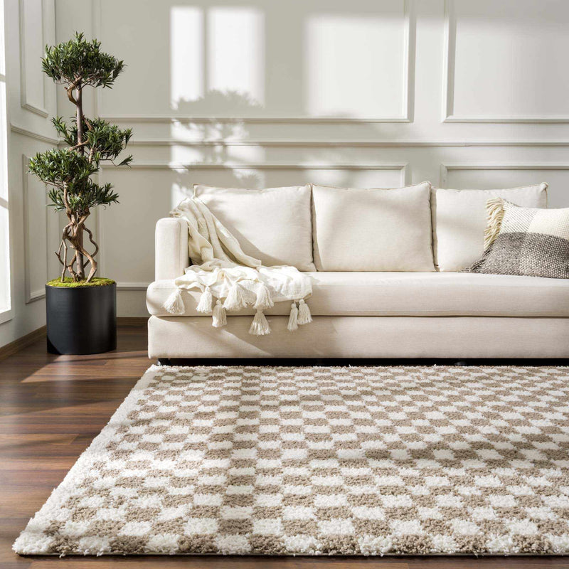 Kieu Light Gray & Taupe Checkered Area Rug - Decor Addict, LLC