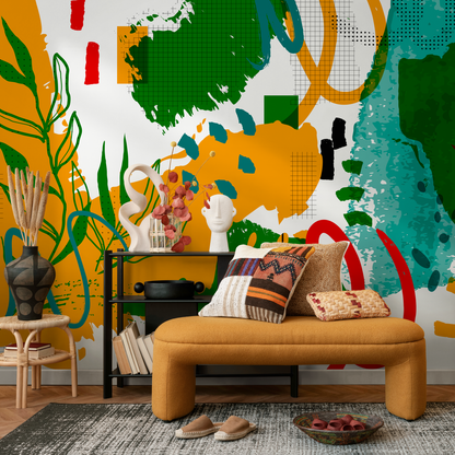 Abstract Wallpaper with a Collage of Shapes and Lines in Mustard, Green, and Red - C013 - Decor Addict, LLC