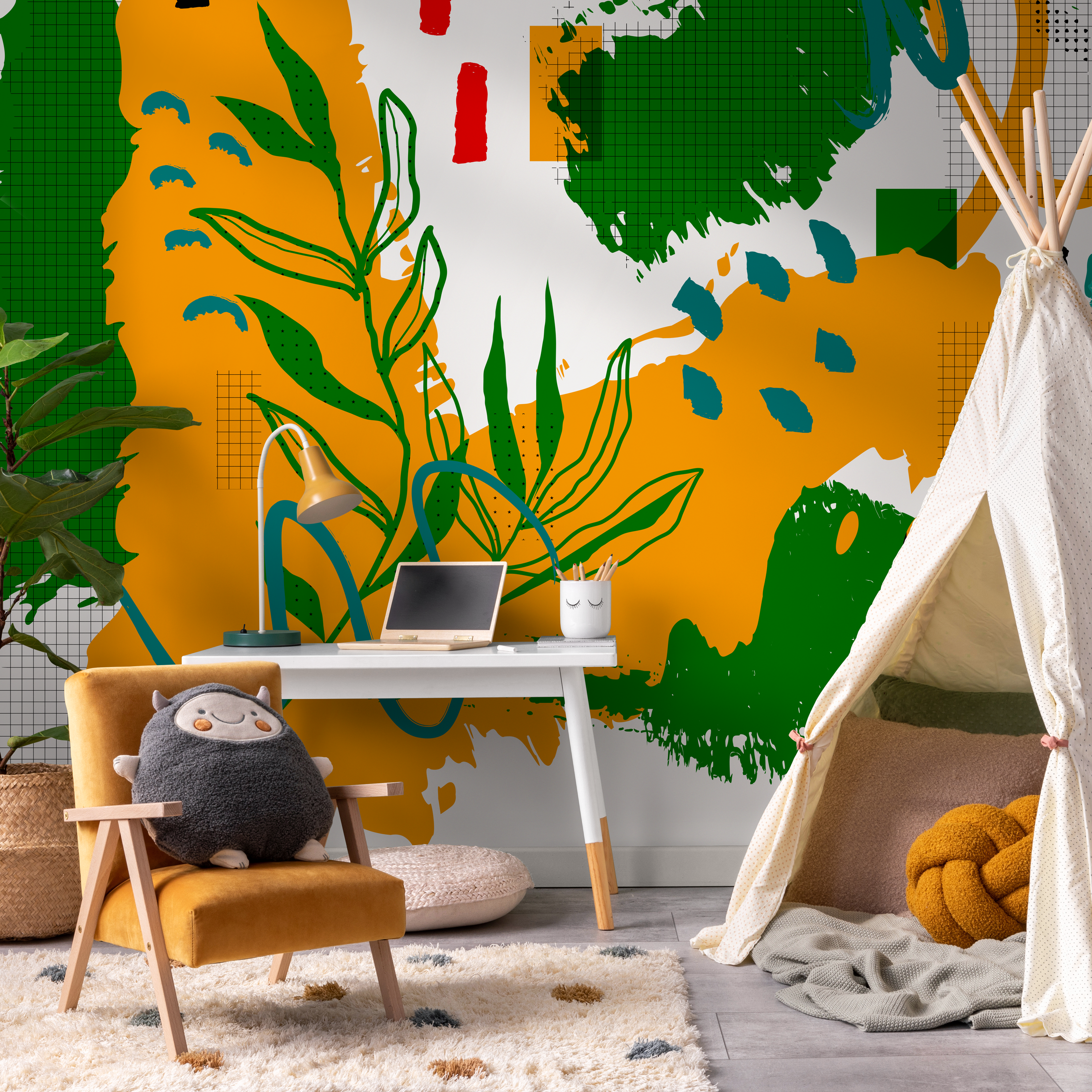 Abstract Wallpaper with a Collage of Shapes and Lines in Mustard, Green, and Red - C013 - Decor Addict, LLC