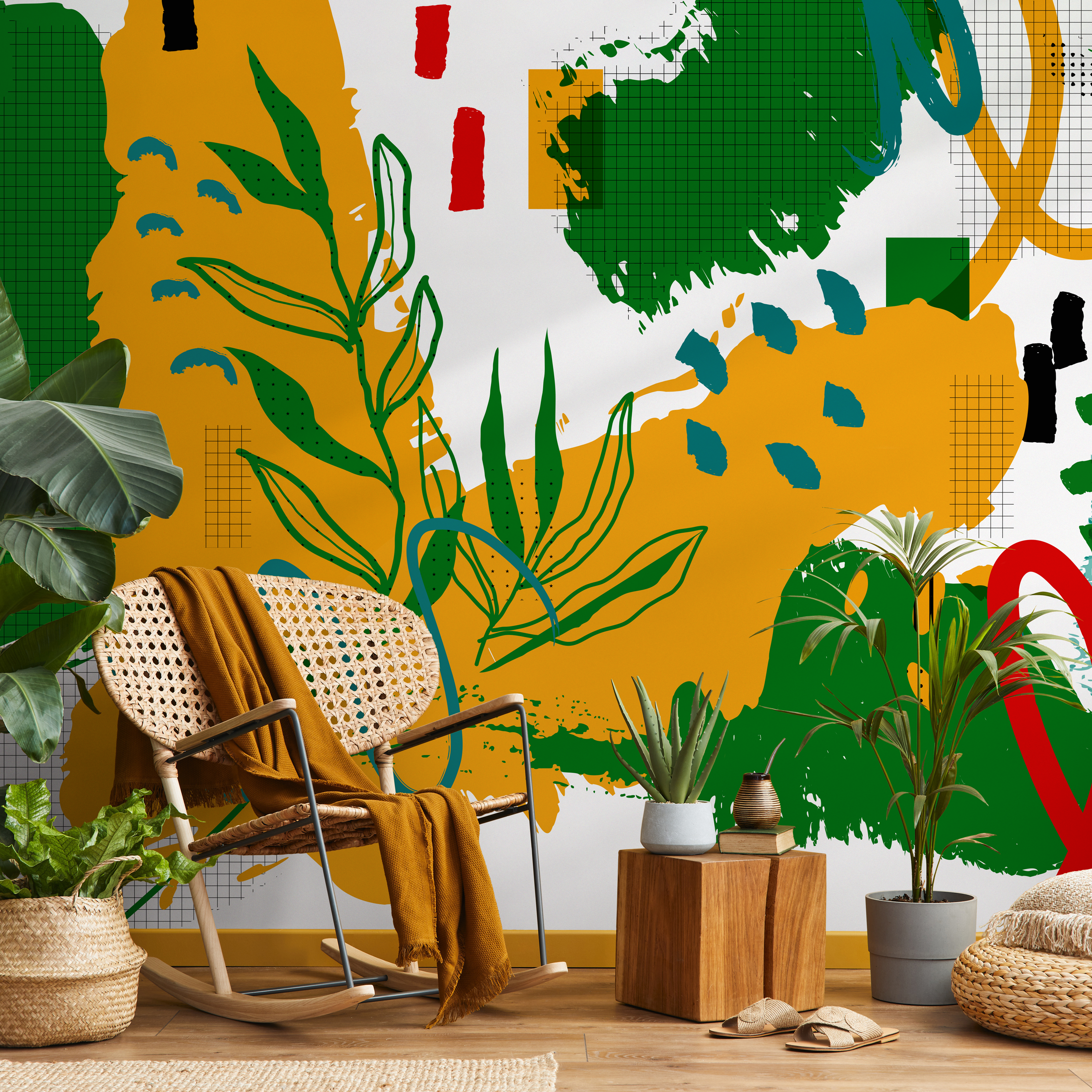 Abstract Wallpaper with a Collage of Shapes and Lines in Mustard, Green, and Red - C013 - Decor Addict, LLC