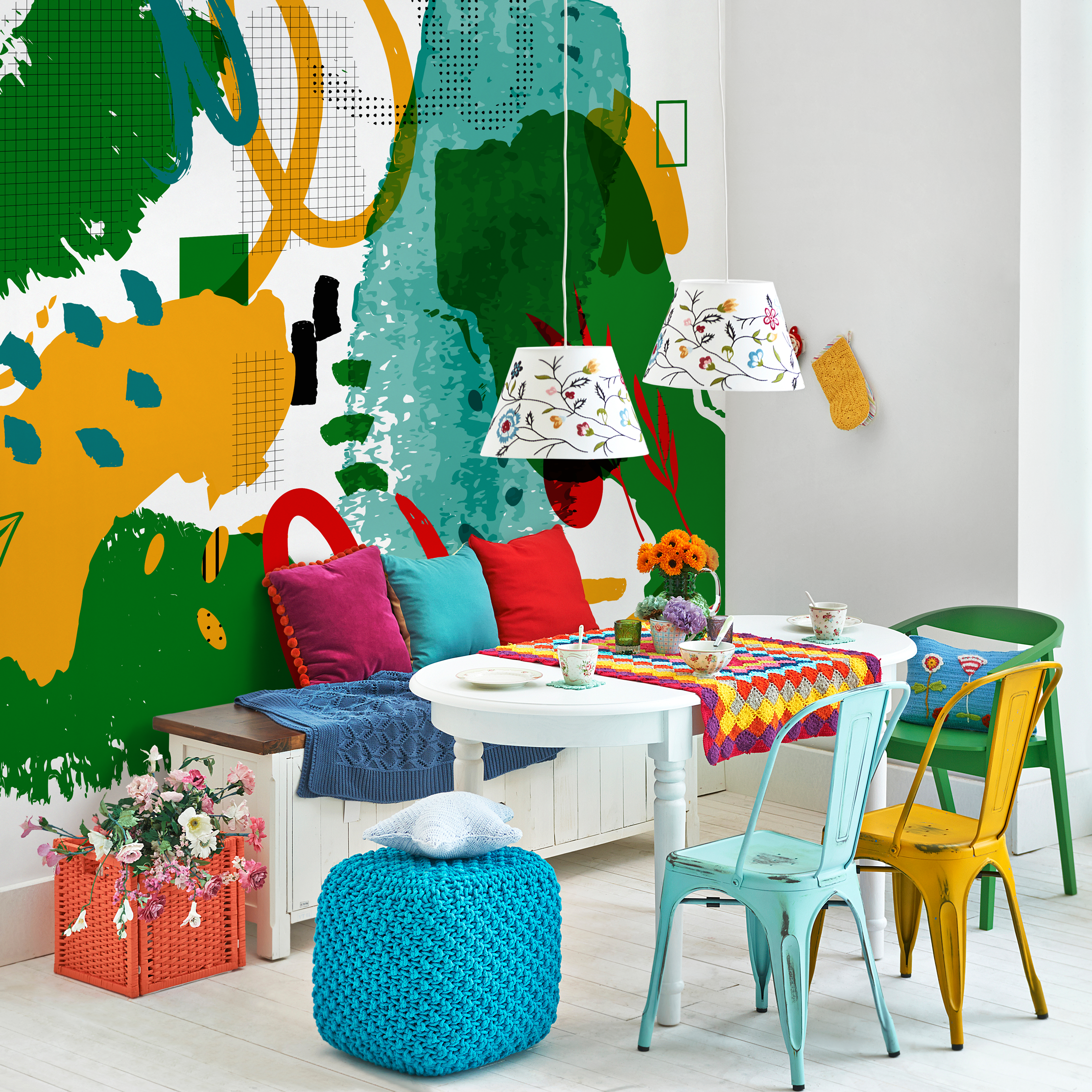 Abstract Wallpaper with a Collage of Shapes and Lines in Mustard, Green, and Red - C013 - Decor Addict, LLC