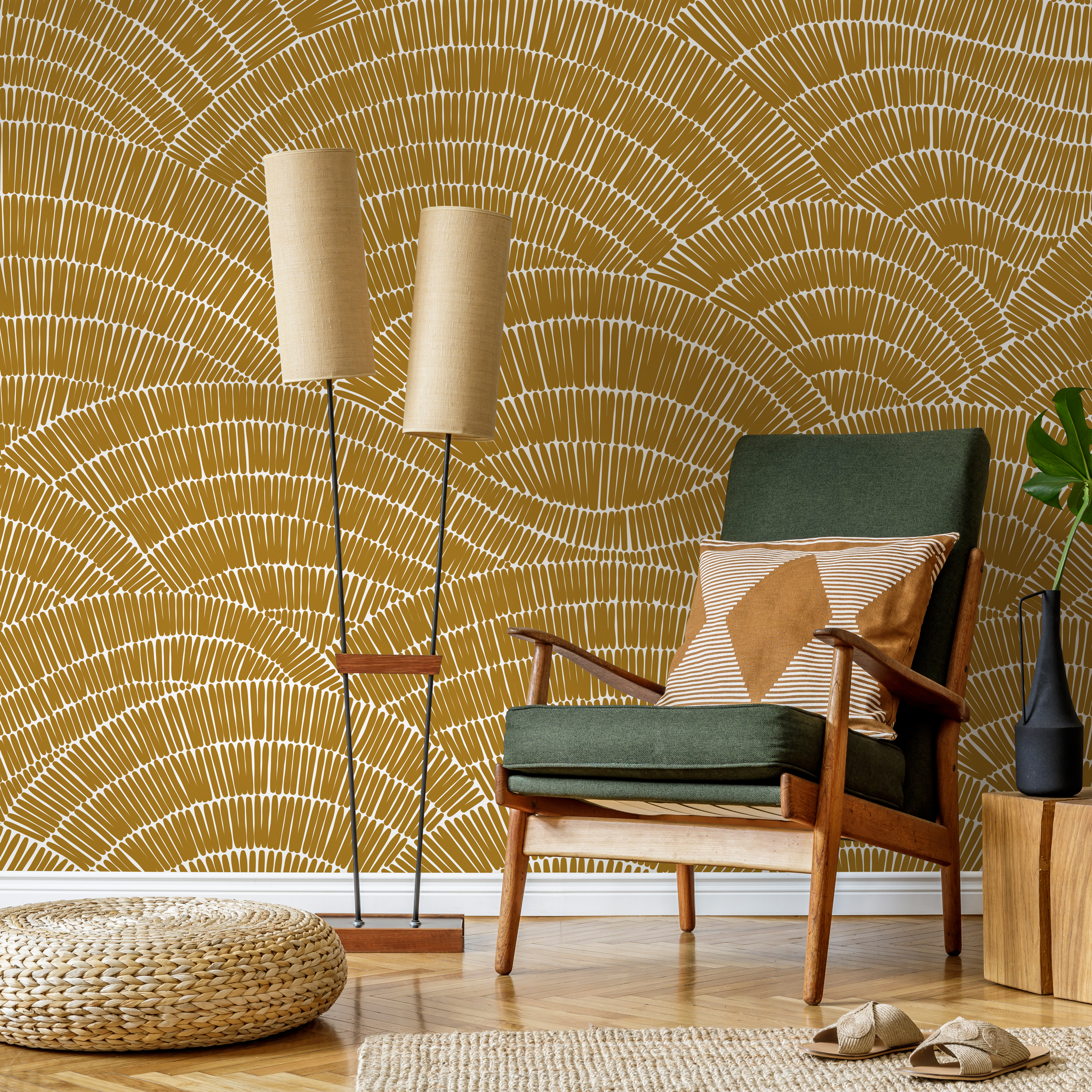 Abstract Wallpaper with a Hand-Drawn Fan Motif in Mustard and White - C025 - Decor Addict, LLC
