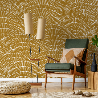 Abstract Wallpaper with a Hand-Drawn Fan Motif in Mustard and White - C025 - Decor Addict, LLC