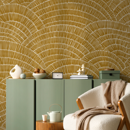 Abstract Wallpaper with a Hand-Drawn Fan Motif in Mustard and White - C025 - Decor Addict, LLC