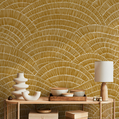 Abstract Wallpaper with a Hand-Drawn Fan Motif in Mustard and White - C025 - Decor Addict, LLC