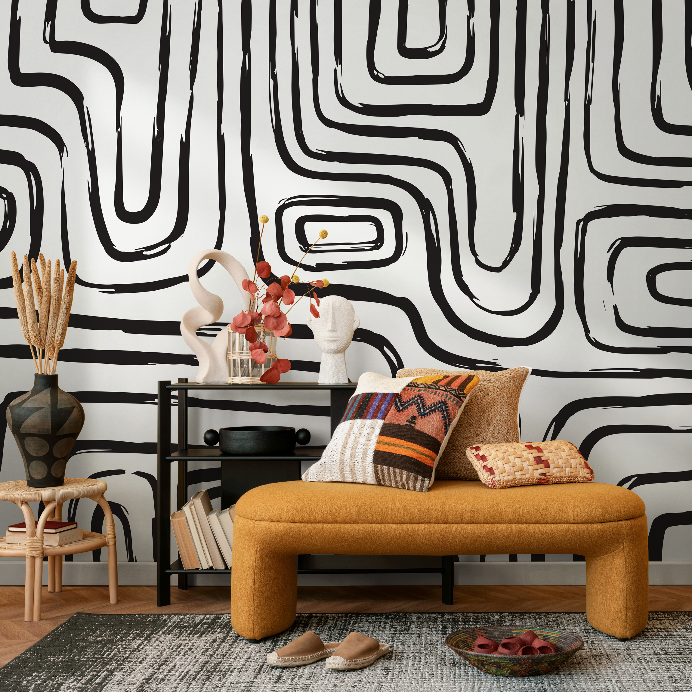 Abstract Wallpaper with Bold Brush Stroke Lines in Black - C091 - Decor Addict, LLC
