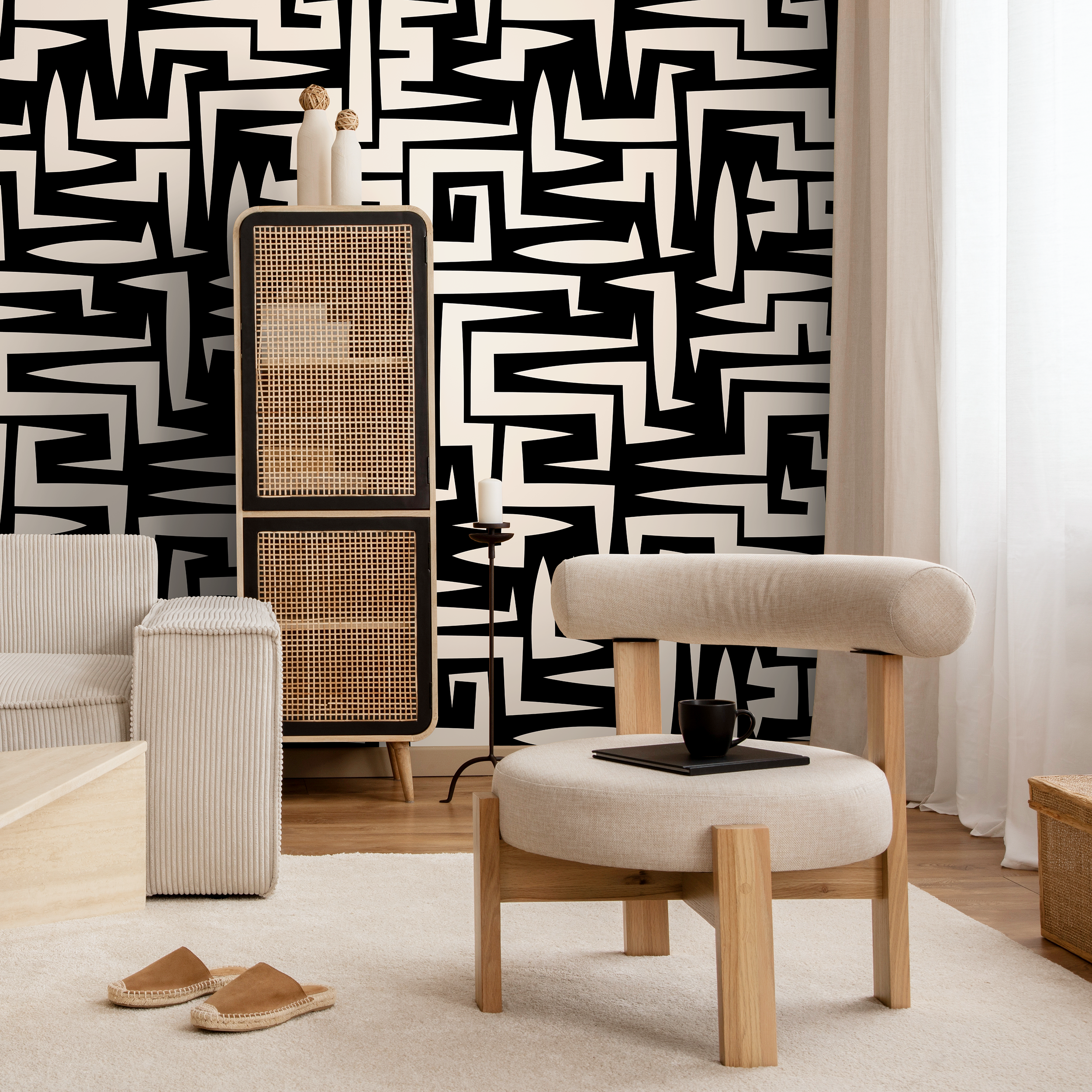 Abstract Wallpaper with a Bold Graphic Maze Motif in Black and Off-White - C388 - Decor Addict, LLC