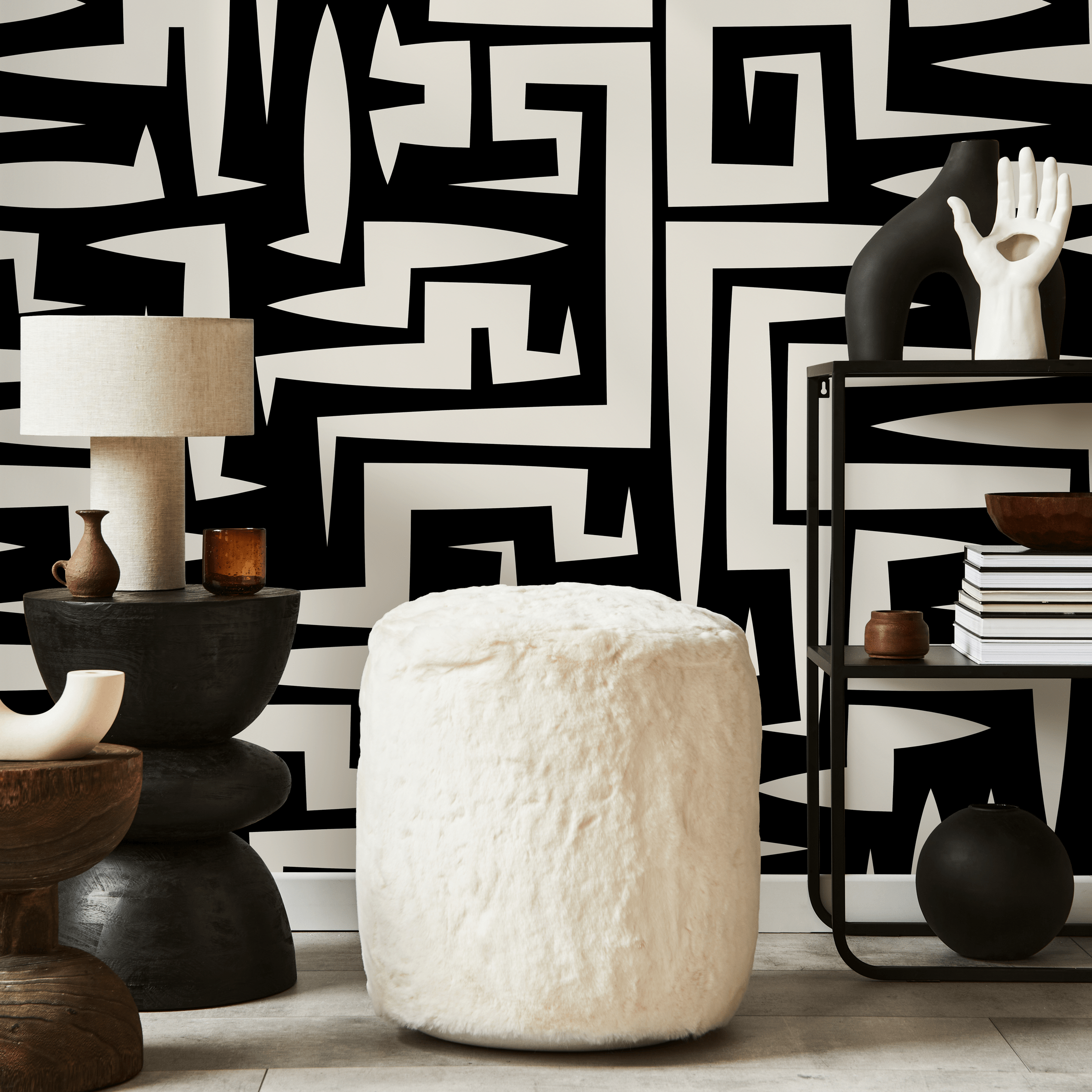 Abstract Wallpaper with a Bold Graphic Maze Motif in Black and Off-White - C388 - Decor Addict, LLC