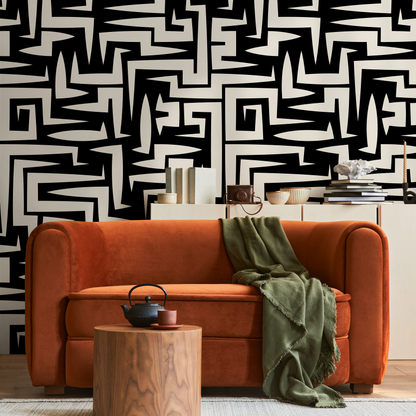 Abstract Wallpaper with a Bold Graphic Maze Motif in Black and Off-White - C388 - Decor Addict, LLC