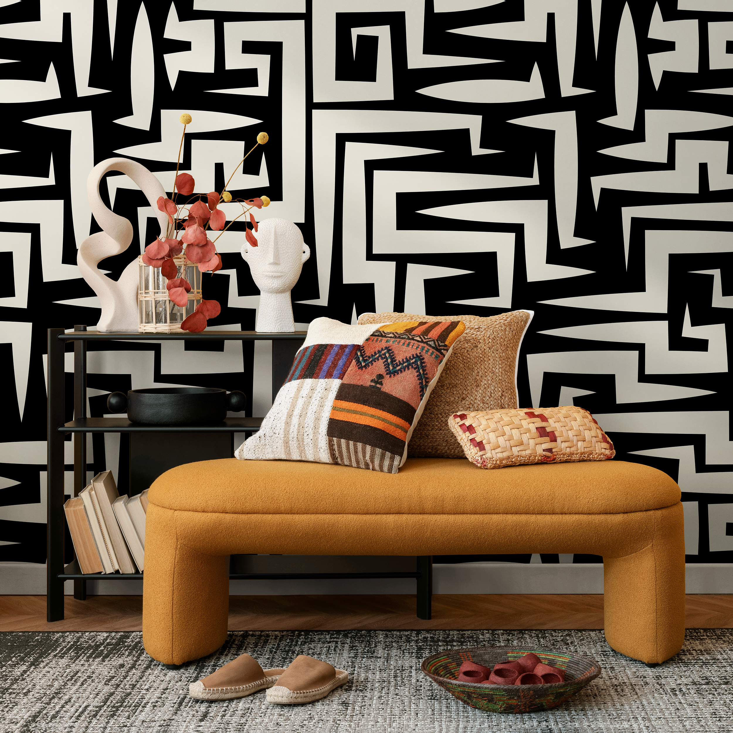 Abstract Wallpaper with a Bold Graphic Maze Motif in Black and Off-White - C388 - Decor Addict, LLC