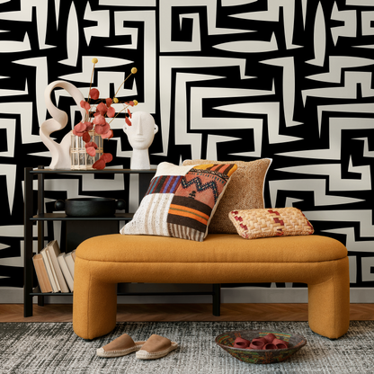 Abstract Wallpaper with a Bold Graphic Maze Motif in Black and Off-White - C388 - Decor Addict, LLC