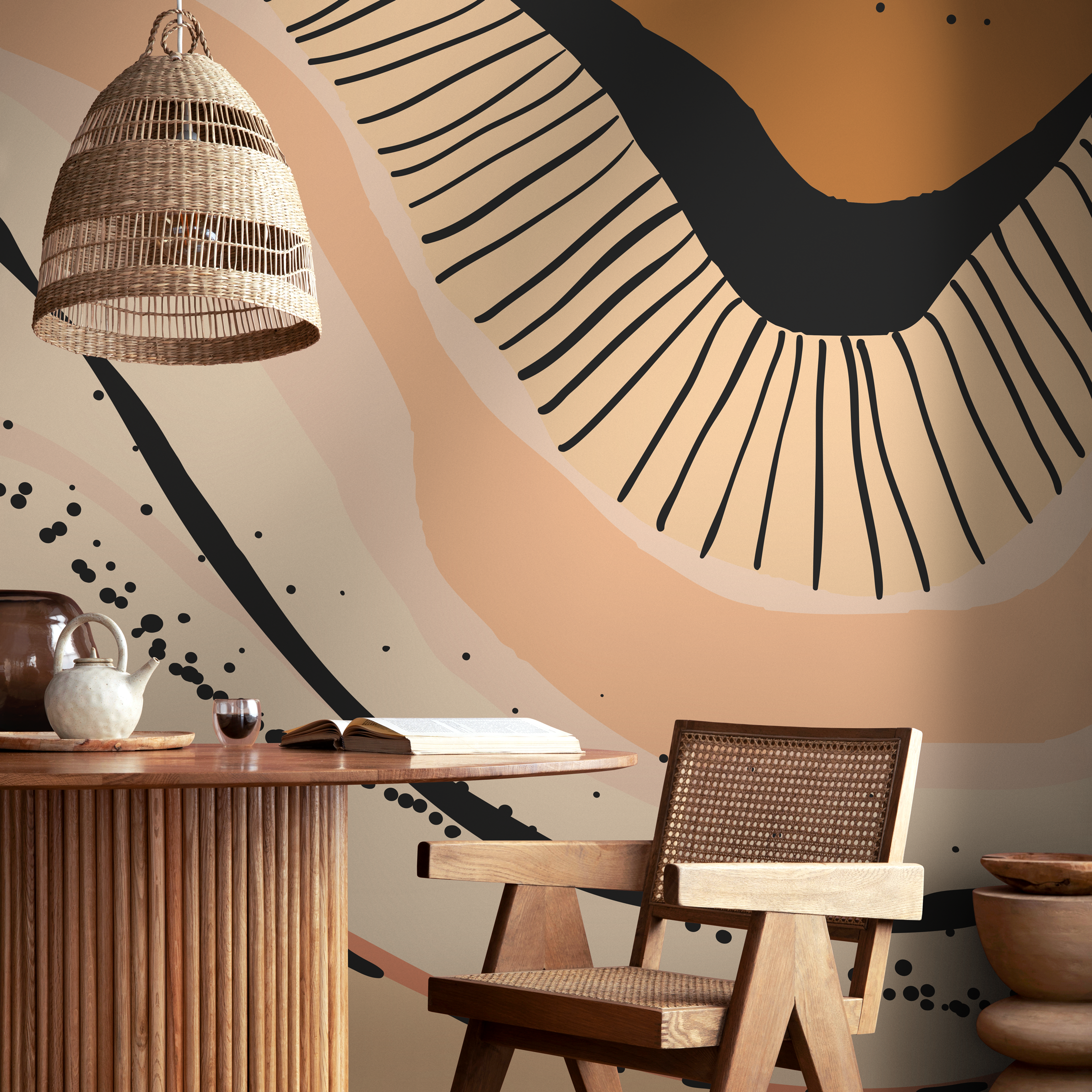 Abstract Wallpaper with an Organic Motif in Orange, Black, and Beige - C413 - Decor Addict, LLC