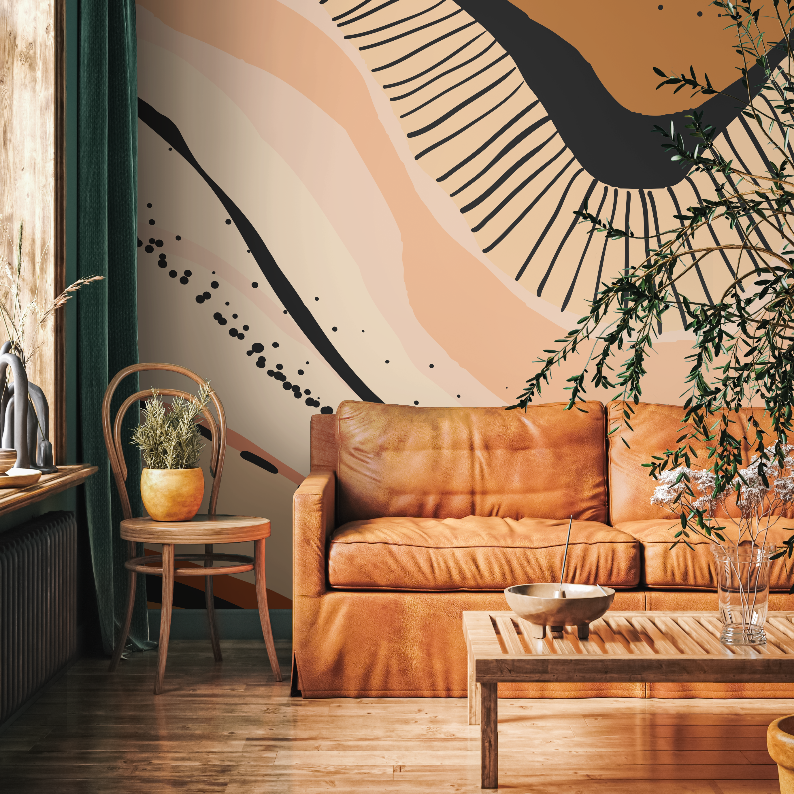 Abstract Wallpaper with an Organic Motif in Orange, Black, and Beige - C413 - Decor Addict, LLC