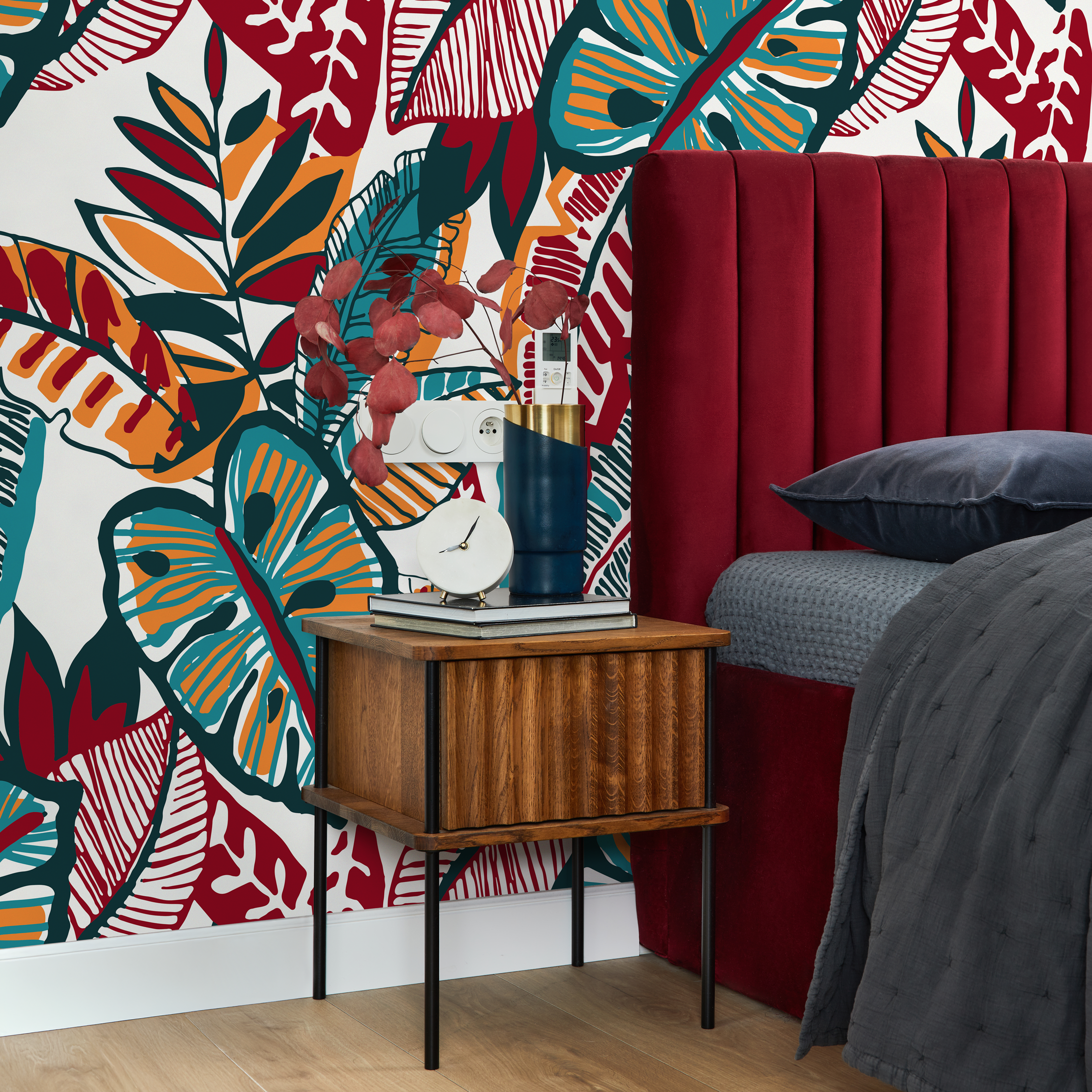 Botanical Wallpaper Featuring Stylized Leaves in Red, Teal, and Orange - C430 - Decor Addict, LLC
