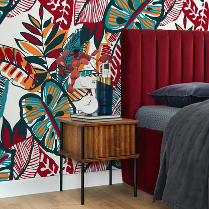 Botanical Wallpaper Featuring Stylized Leaves in Red, Teal, and Orange - C430 - Decor Addict, LLC
