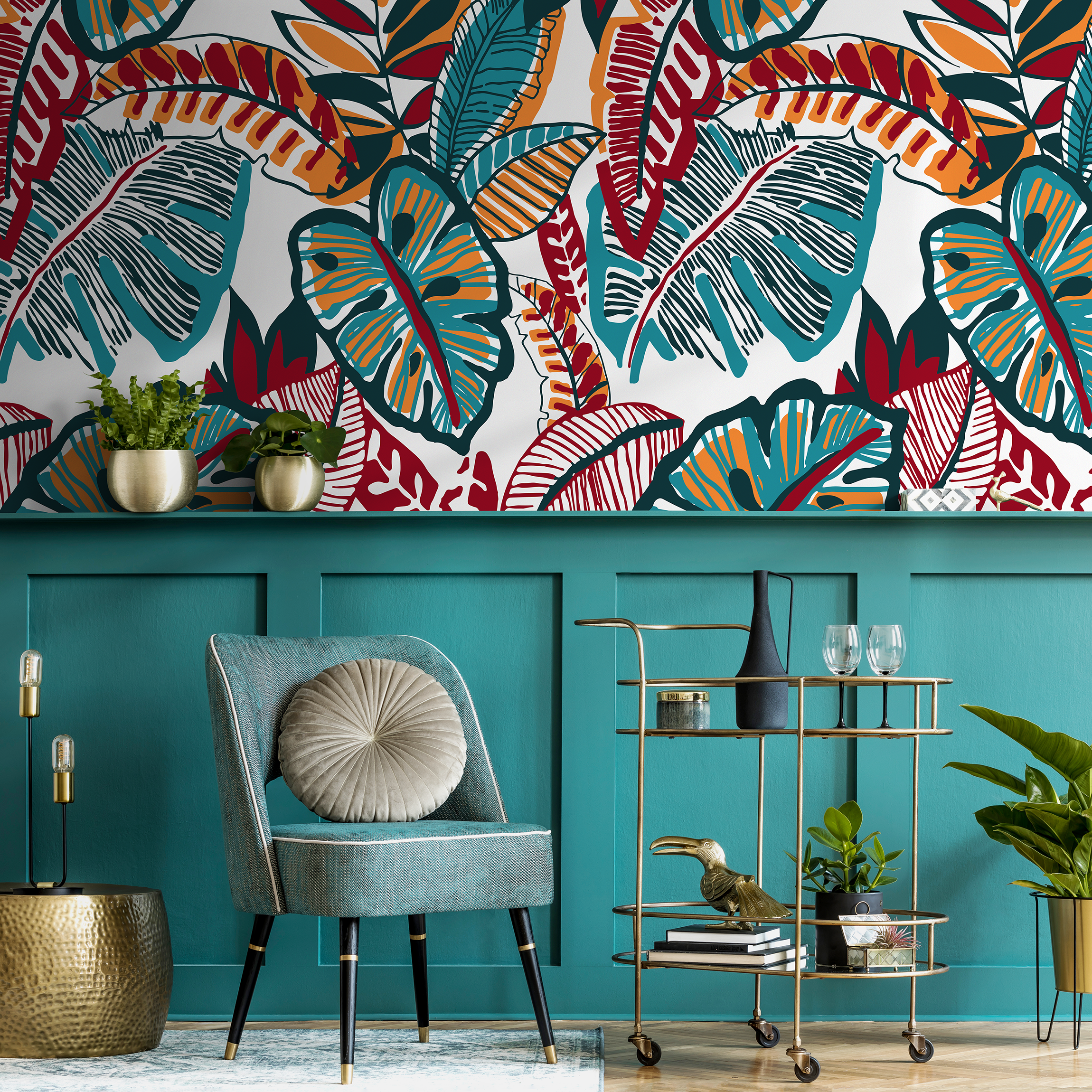 Botanical Wallpaper Featuring Stylized Leaves in Red, Teal, and Orange - C430 - Decor Addict, LLC