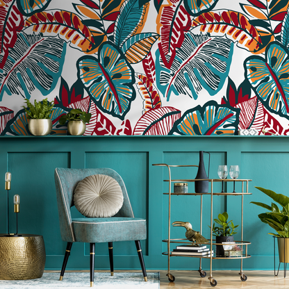 Botanical Wallpaper Featuring Stylized Leaves in Red, Teal, and Orange - C430 - Decor Addict, LLC