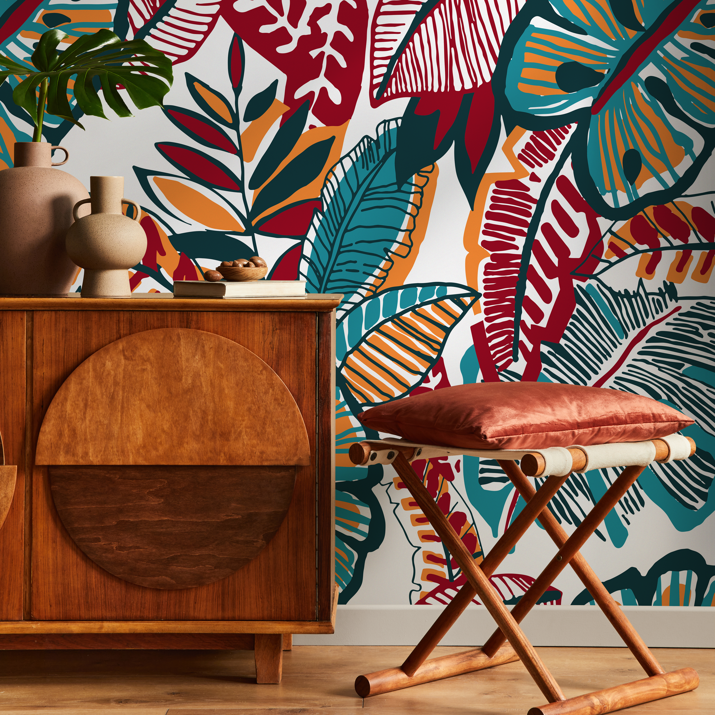 Botanical Wallpaper Featuring Stylized Leaves in Red, Teal, and Orange - C430 - Decor Addict, LLC