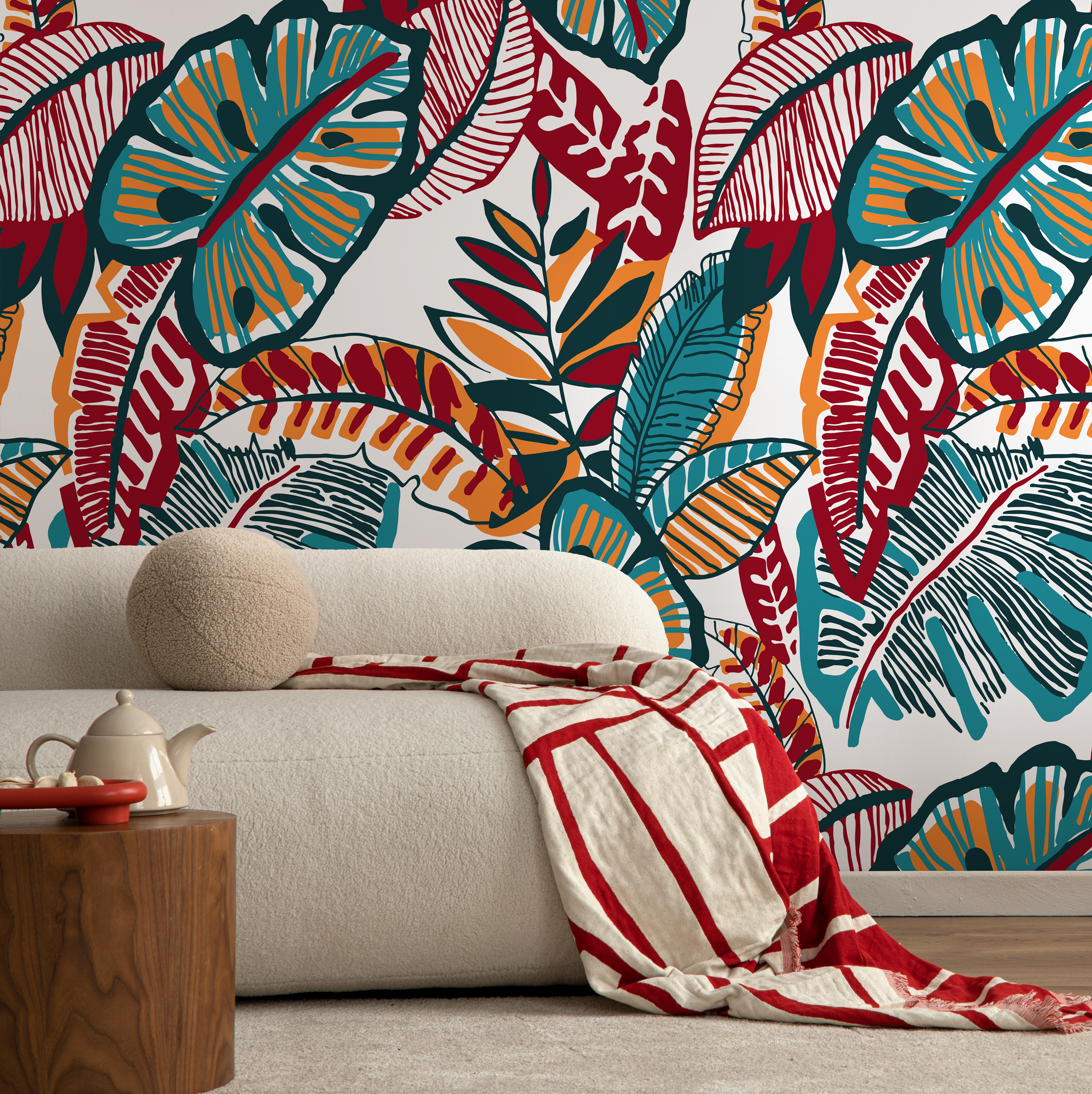 Botanical Wallpaper Featuring Stylized Leaves in Red, Teal, and Orange - C430 - Decor Addict, LLC