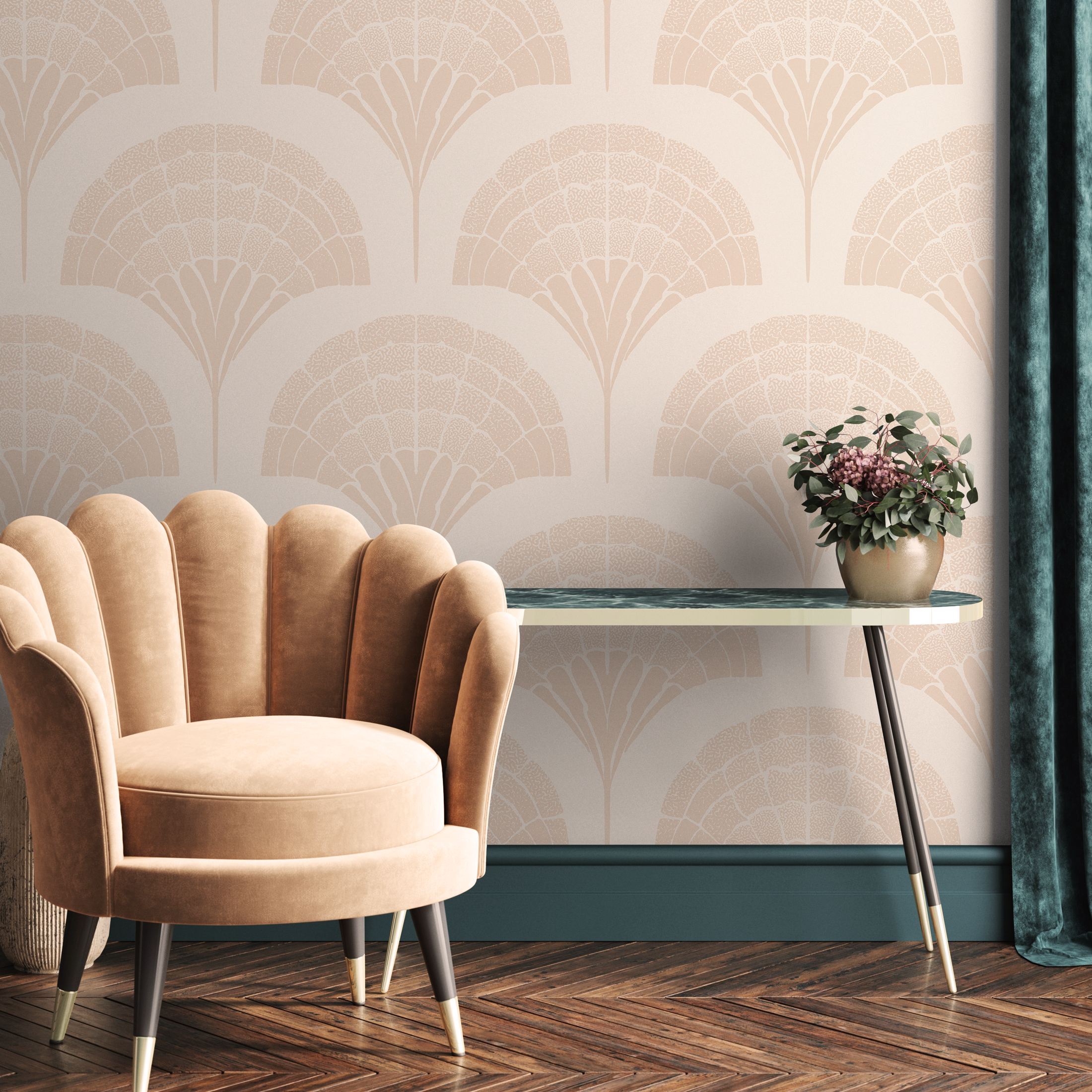 Art Deco Wallpaper with a Stylized Fan Motif in Beige and Cream - C500 - Decor Addict, LLC