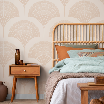 Art Deco Wallpaper with a Stylized Fan Motif in Beige and Cream - C500 - Decor Addict, LLC