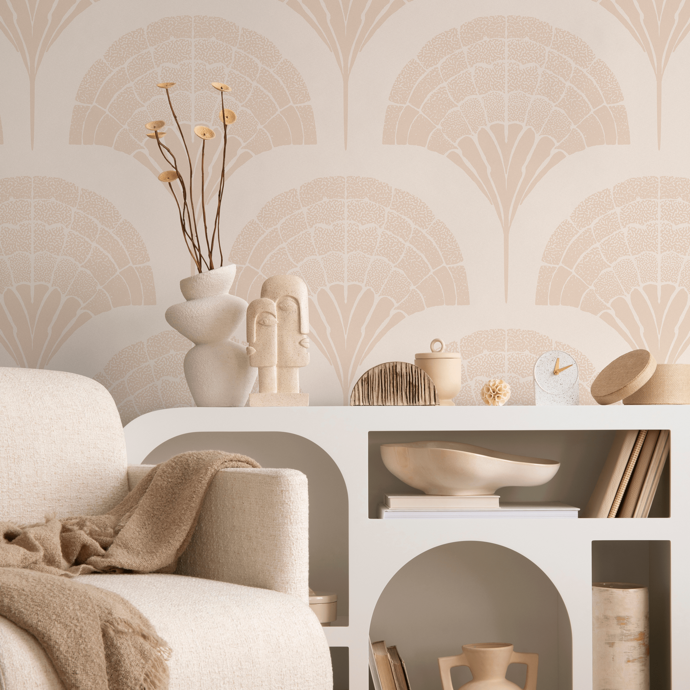 Art Deco Wallpaper with a Stylized Fan Motif in Beige and Cream - C500 - Decor Addict, LLC