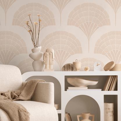 Art Deco Wallpaper with a Stylized Fan Motif in Beige and Cream - C500 - Decor Addict, LLC