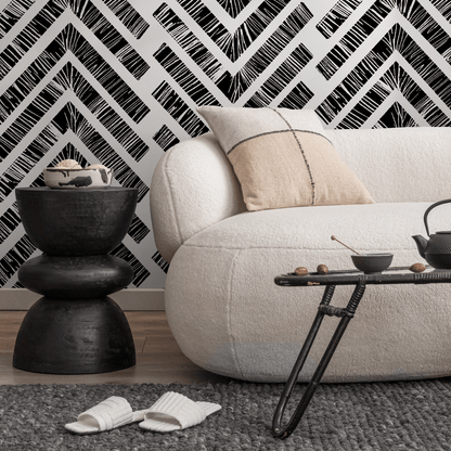 Chevron Wallpaper with a Hand-Drawn Motif in Black and White - C514 - Decor Addict, LLC