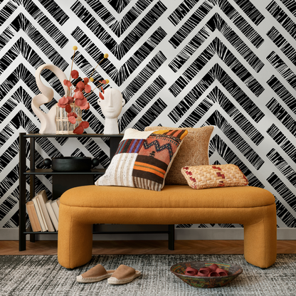 Chevron Wallpaper with a Hand-Drawn Motif in Black and White - C514 - Decor Addict, LLC