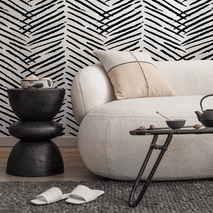 Boho Wallpaper with a Hand-Drawn Herringbone Motif in Black and White - C518 - Decor Addict, LLC