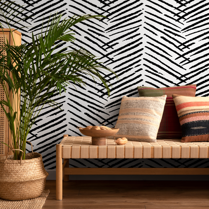 Boho Wallpaper with a Hand-Drawn Herringbone Motif in Black and White - C518 - Decor Addict, LLC
