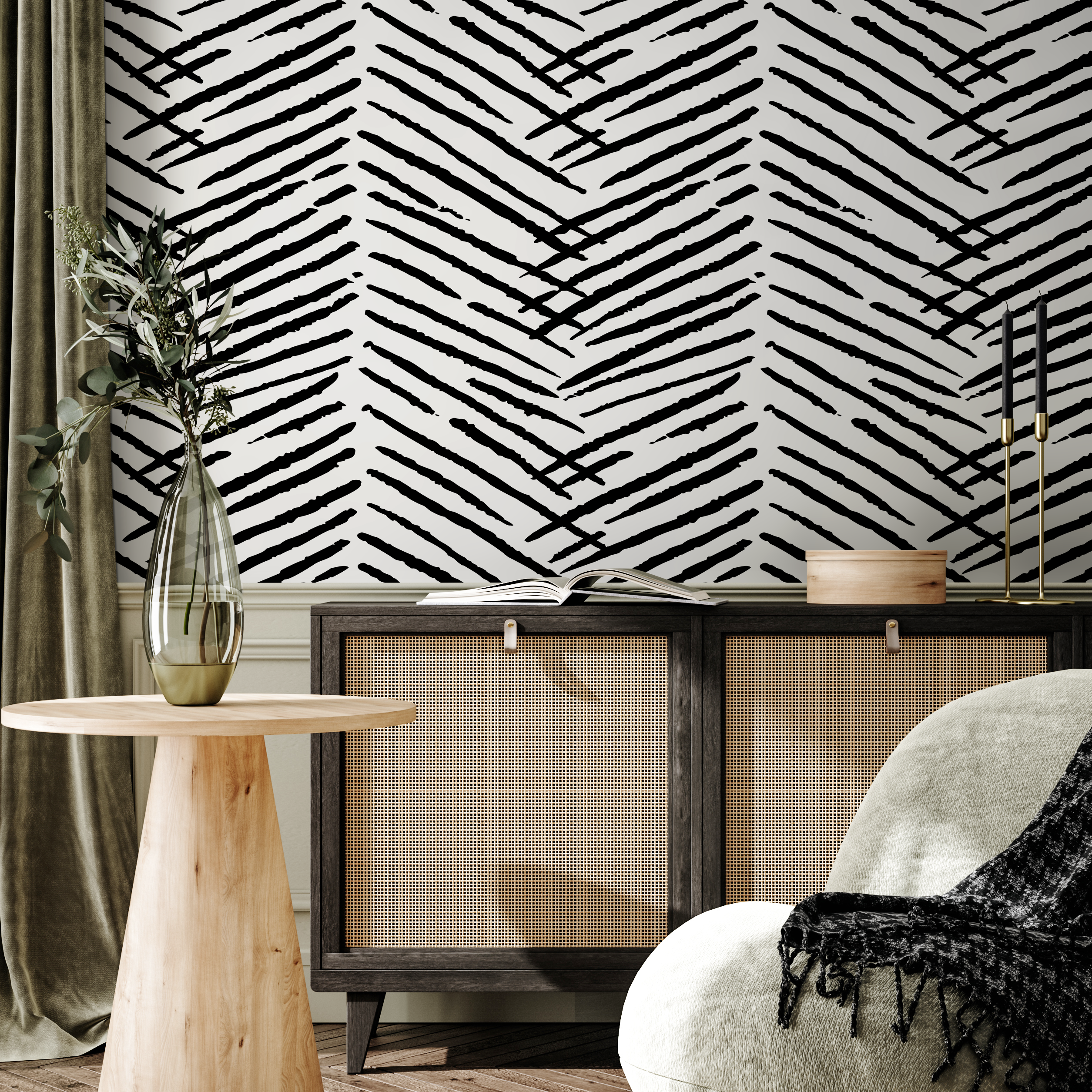 Boho Wallpaper with a Hand-Drawn Herringbone Motif in Black and White - C518 - Decor Addict, LLC
