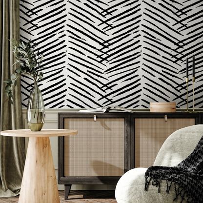 Boho Wallpaper with a Hand-Drawn Herringbone Motif in Black and White - C518 - Decor Addict, LLC