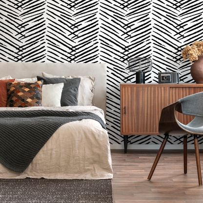 Boho Wallpaper with a Hand-Drawn Herringbone Motif in Black and White - C518 - Decor Addict, LLC