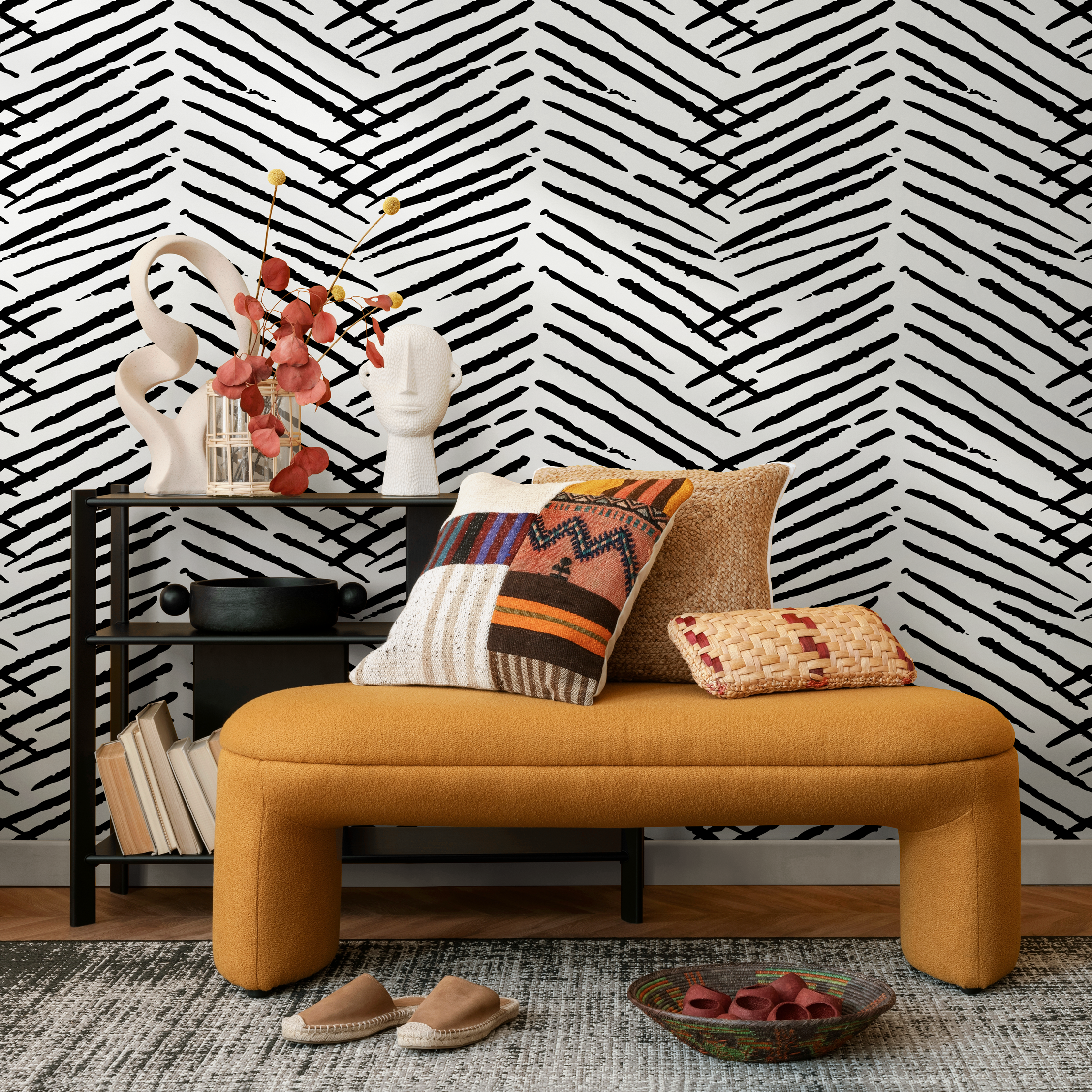 Boho Wallpaper with a Hand-Drawn Herringbone Motif in Black and White - C518 - Decor Addict, LLC