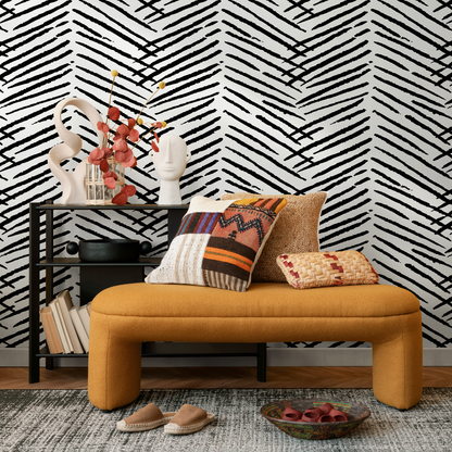Boho Wallpaper with a Hand-Drawn Herringbone Motif in Black and White - C518 - Decor Addict, LLC