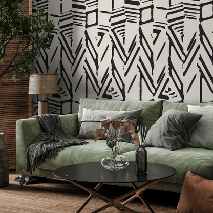 Abstract Wallpaper with a Bold Block Print Motif in Black and Beige - C568 - Decor Addict, LLC
